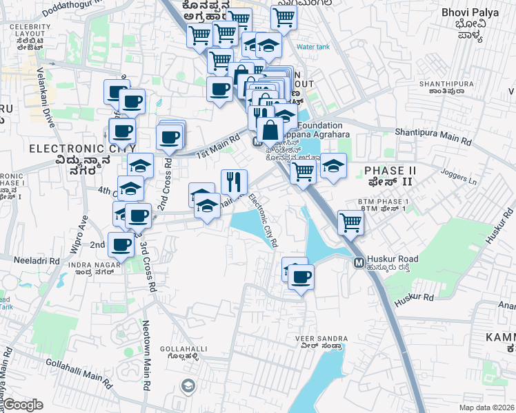 map of restaurants, bars, coffee shops, grocery stores, and more near Electronic City Road in Bengaluru