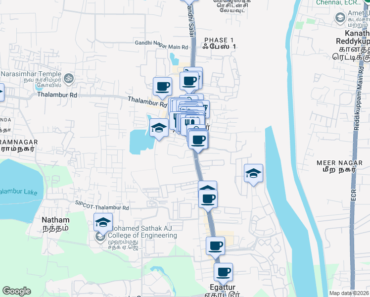 map of restaurants, bars, coffee shops, grocery stores, and more near Rajiv Gandhi Salai in Navalur