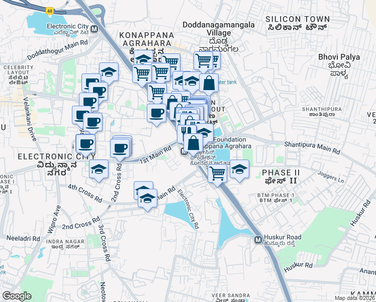 map of restaurants, bars, coffee shops, grocery stores, and more near Electronic City Road in Bengaluru