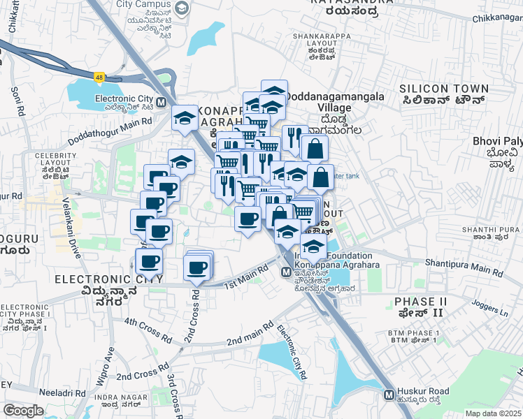 map of restaurants, bars, coffee shops, grocery stores, and more near in Bengaluru
