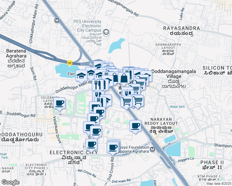 map of restaurants, bars, coffee shops, grocery stores, and more near Hosur Road in Bangalore Division