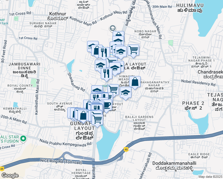 map of restaurants, bars, coffee shops, grocery stores, and more near 24 Bannerghatta Main Road in Bengaluru
