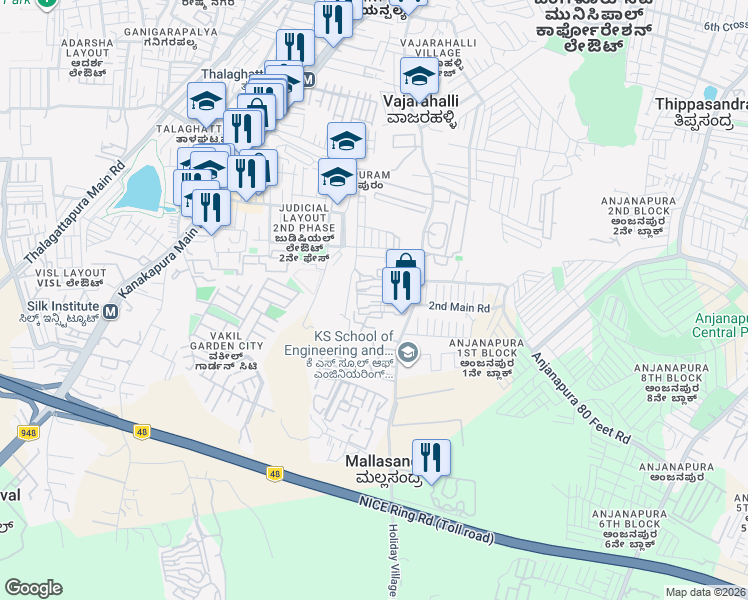 map of restaurants, bars, coffee shops, grocery stores, and more near Kanakapura Road in Bengaluru