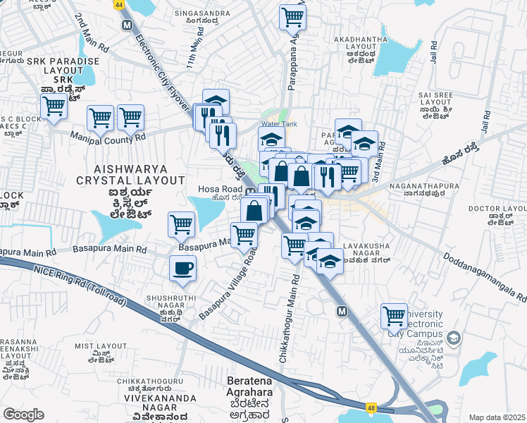 map of restaurants, bars, coffee shops, grocery stores, and more near 26 Hosur Road in Bengaluru