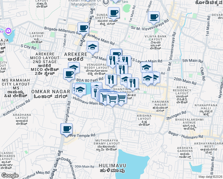map of restaurants, bars, coffee shops, grocery stores, and more near in Bengaluru