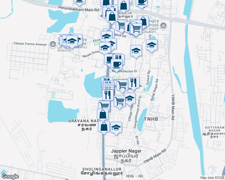 map of restaurants, bars, coffee shops, grocery stores, and more near 67 Old Mahabalipuram Road in Chennai