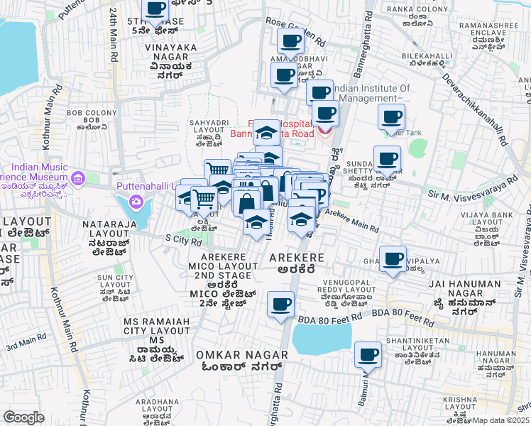 map of restaurants, bars, coffee shops, grocery stores, and more near 130 3rd Cross, 1st Stage in Bengaluru