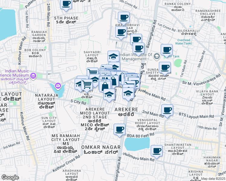 map of restaurants, bars, coffee shops, grocery stores, and more near 130 3rd Cross, 1st Stage in Bengaluru