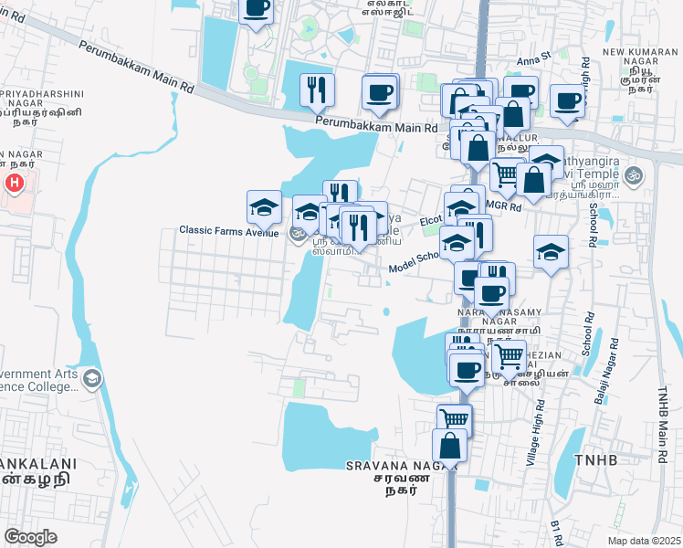 map of restaurants, bars, coffee shops, grocery stores, and more near Model School Road in Chennai