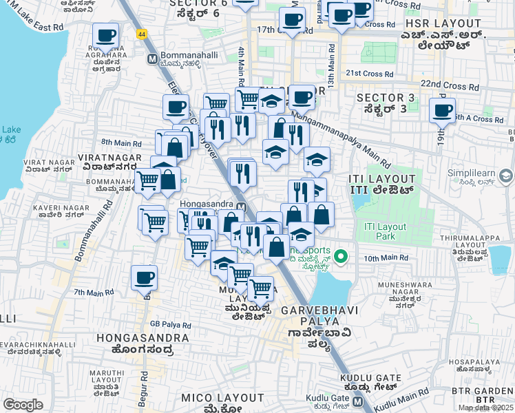 map of restaurants, bars, coffee shops, grocery stores, and more near Service Road in Bengaluru
