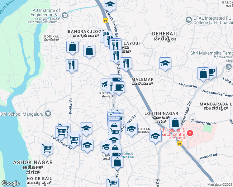 map of restaurants, bars, coffee shops, grocery stores, and more near Kulur Ferry Road in Mangaluru