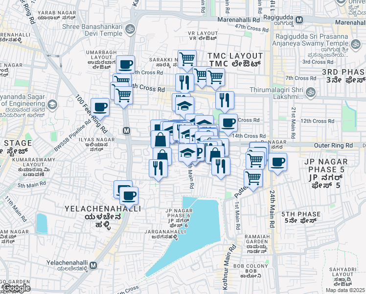 map of restaurants, bars, coffee shops, grocery stores, and more near 600 Outer Ring Road in Bengaluru