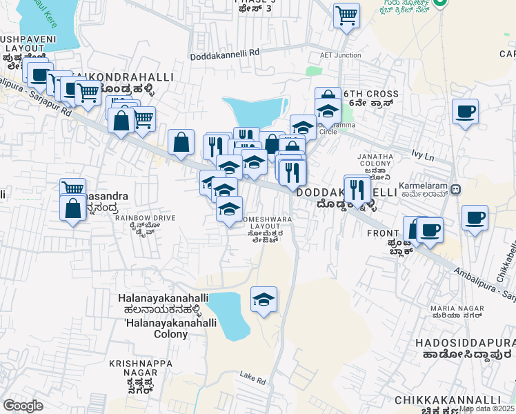 map of restaurants, bars, coffee shops, grocery stores, and more near Sarjapur - Marathahalli Road in Bengaluru