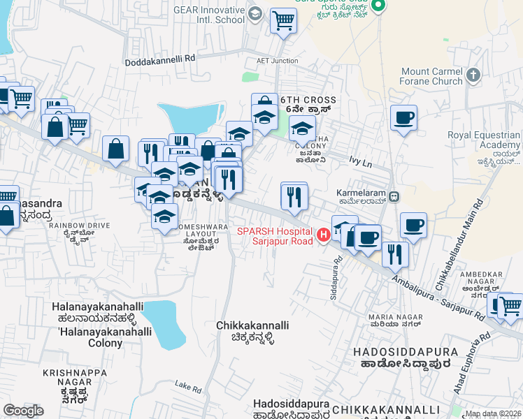 map of restaurants, bars, coffee shops, grocery stores, and more near Sarjapur - Marathahalli Road in Bengaluru