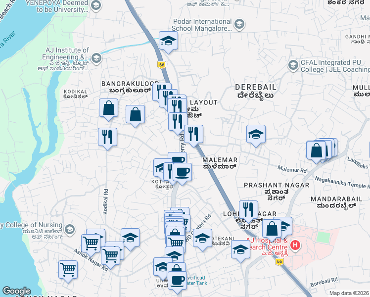 map of restaurants, bars, coffee shops, grocery stores, and more near Kulur Ferry Road in Mangaluru