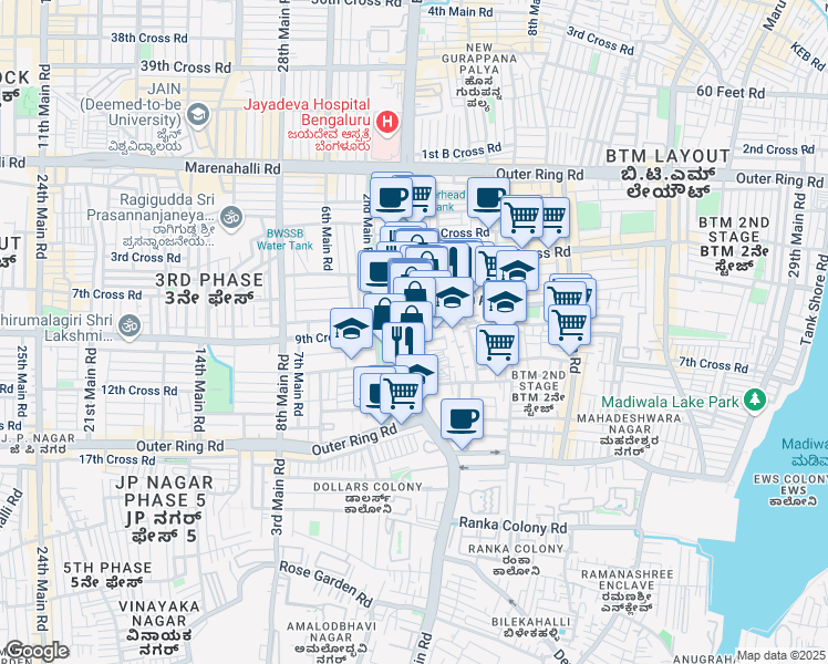 map of restaurants, bars, coffee shops, grocery stores, and more near Bannerghatta Road in Bangalore Division
