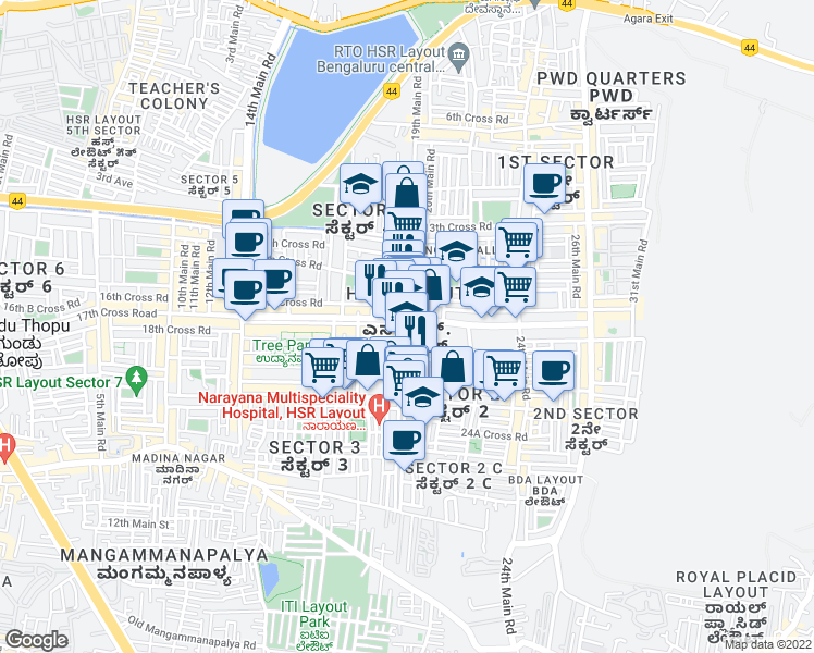 map of restaurants, bars, coffee shops, grocery stores, and more near 4th Cross Road in Bengaluru