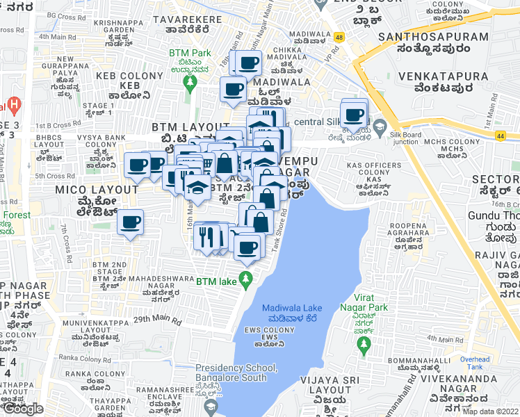 map of restaurants, bars, coffee shops, grocery stores, and more near 28th Main Road in Bengaluru