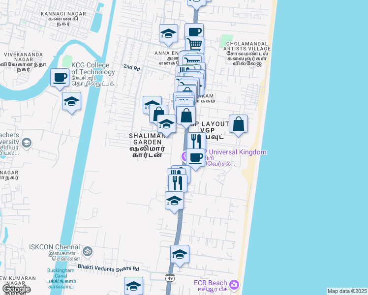 map of restaurants, bars, coffee shops, grocery stores, and more near State Highway 49 in Chennai
