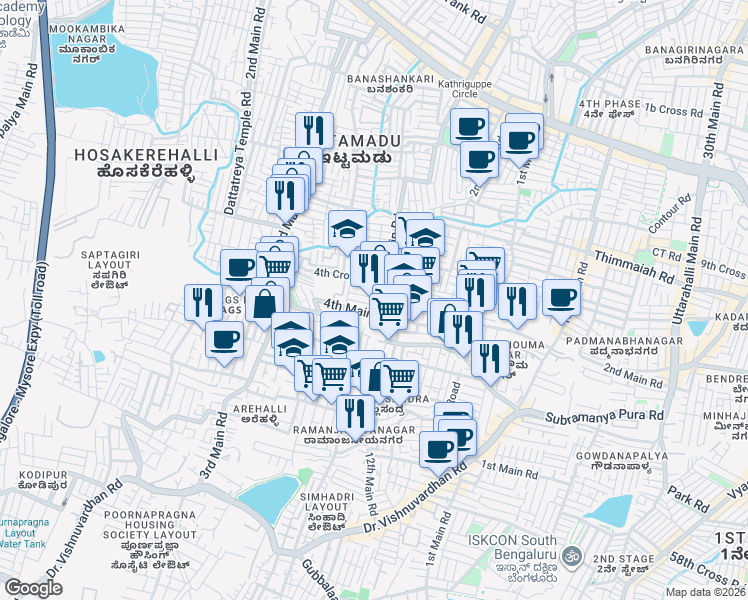 map of restaurants, bars, coffee shops, grocery stores, and more near 1st Main Road in Bengaluru