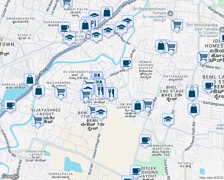 map of restaurants, bars, coffee shops, grocery stores, and more near Mysore Road in Bengaluru