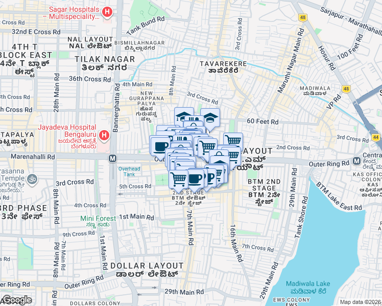 map of restaurants, bars, coffee shops, grocery stores, and more near 20th Main Road in Bengaluru