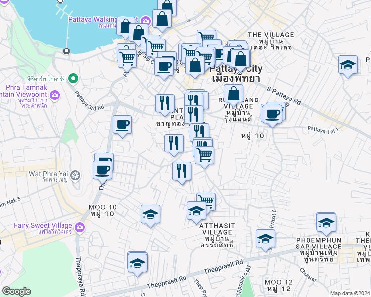 map of restaurants, bars, coffee shops, grocery stores, and more near Bon Kai 1 in Muang Pattaya