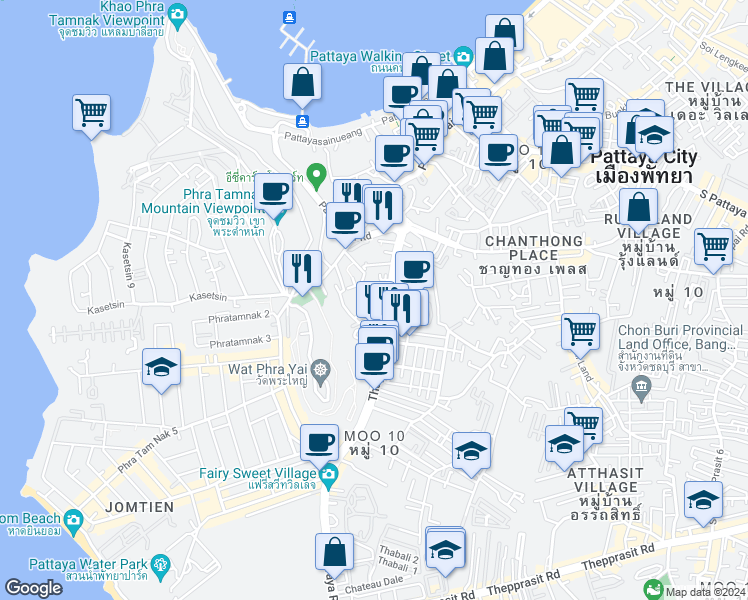 map of restaurants, bars, coffee shops, grocery stores, and more near 20 Thapphraya 4 Alley in Muang Pattaya