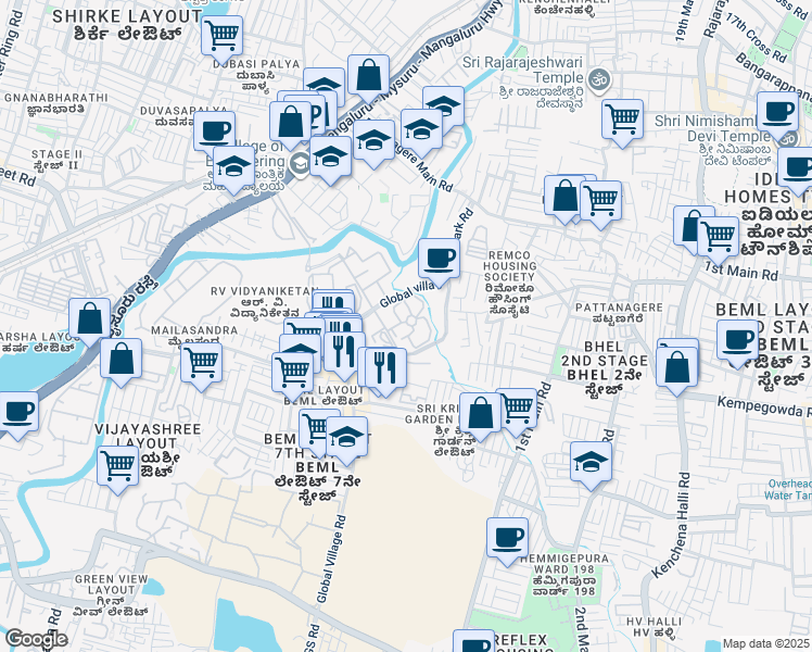 map of restaurants, bars, coffee shops, grocery stores, and more near Mysore Road in Bengaluru