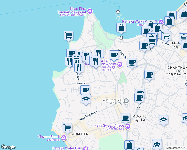 map of restaurants, bars, coffee shops, grocery stores, and more near Soi Kasetsin 3 in Muang Pattaya