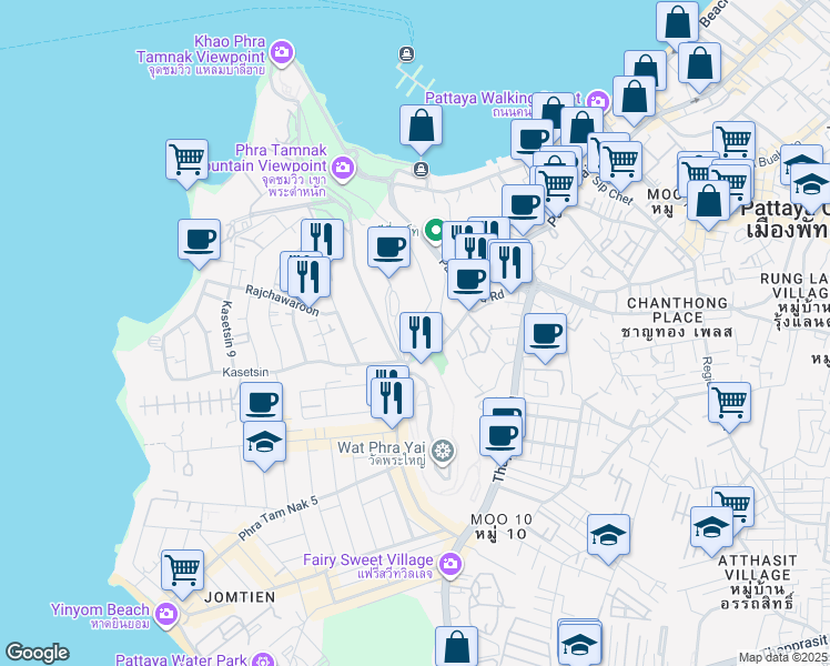 map of restaurants, bars, coffee shops, grocery stores, and more near Thanon Pattaya Tai in Muang Pattaya