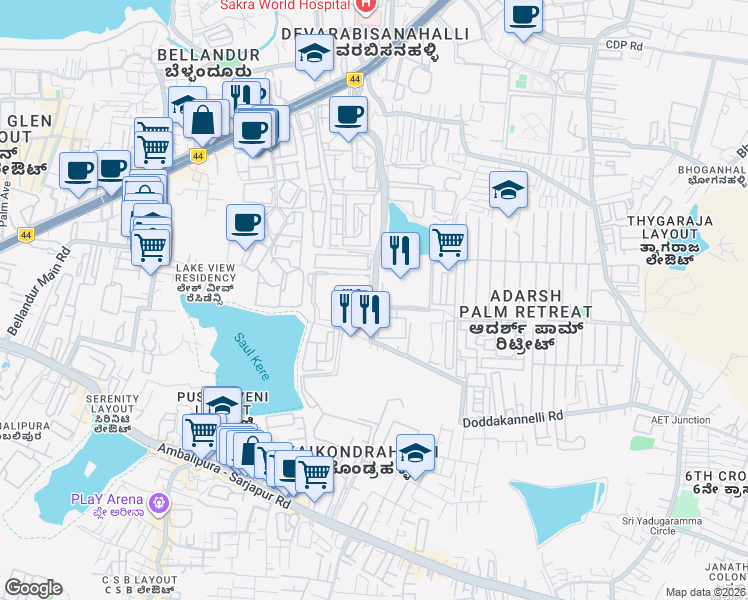map of restaurants, bars, coffee shops, grocery stores, and more near RMZ Ecoworld Road in Bengaluru