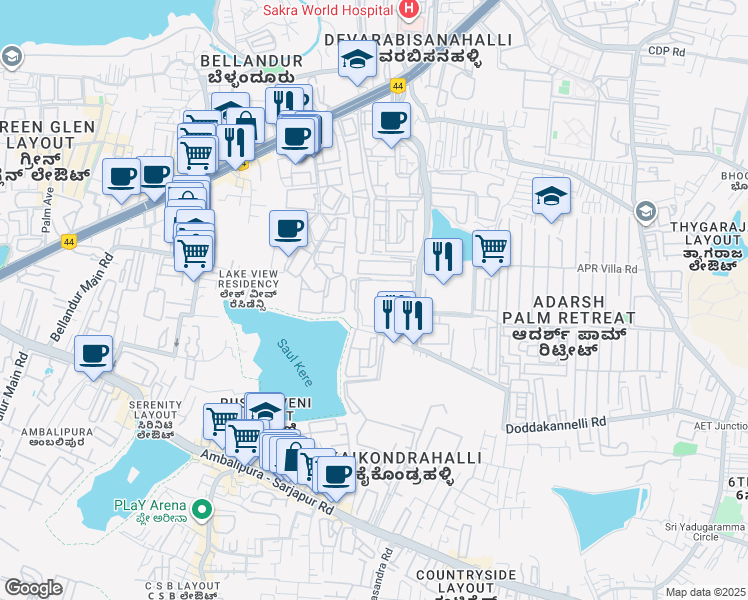 map of restaurants, bars, coffee shops, grocery stores, and more near Outer Ring Road in Bengaluru