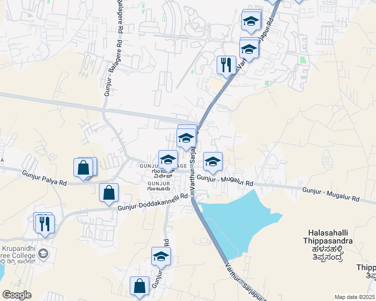 map of restaurants, bars, coffee shops, grocery stores, and more near Gunjur Palya Road in Bangalore