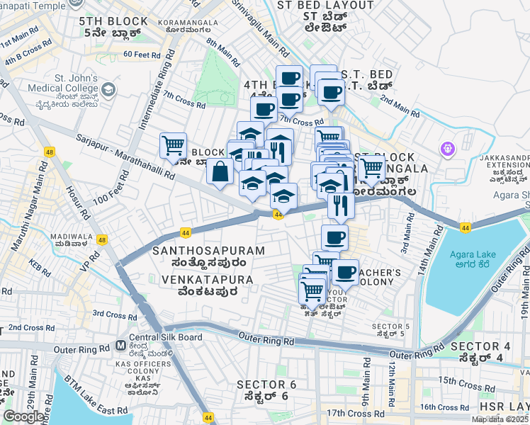 map of restaurants, bars, coffee shops, grocery stores, and more near Sarjapur - Marathahalli Road in Bengaluru