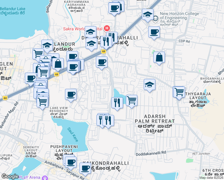 map of restaurants, bars, coffee shops, grocery stores, and more near RMZ Ecoworld Road in Bengaluru