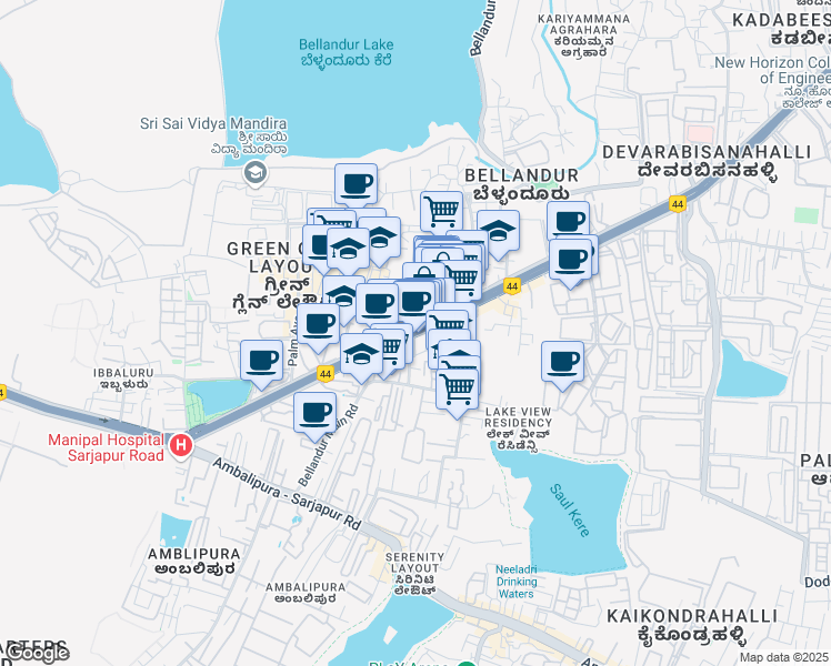 map of restaurants, bars, coffee shops, grocery stores, and more near 23 Marathahalli - Sarjapur Outer Ring Road in Bengaluru