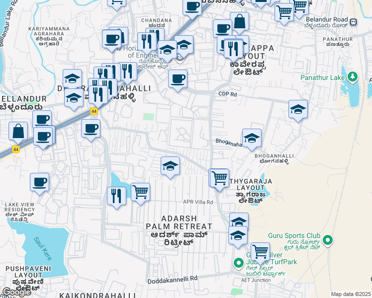 map of restaurants, bars, coffee shops, grocery stores, and more near 582 Embassy Tech Village Road in Bengaluru
