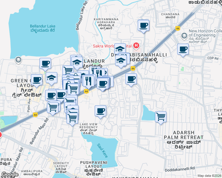 map of restaurants, bars, coffee shops, grocery stores, and more near Village in Bengaluru