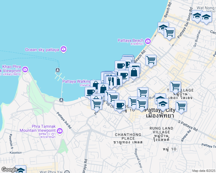 map of restaurants, bars, coffee shops, grocery stores, and more near Thanon Pattaya Tai in Muang Pattaya