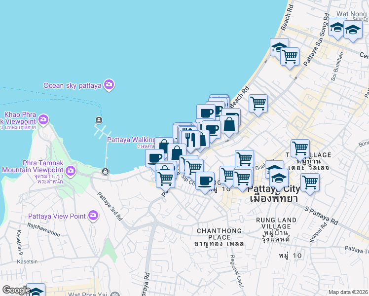 map of restaurants, bars, coffee shops, grocery stores, and more near Thanon Pattaya Tai in Muang Pattaya