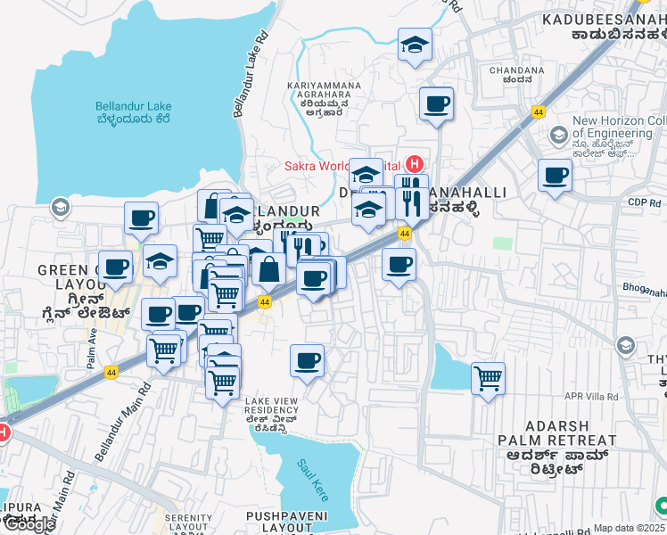 map of restaurants, bars, coffee shops, grocery stores, and more near 23 Marathahalli - Sarjapur Outer Ring Road in Bengaluru