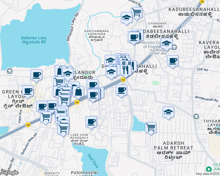 map of restaurants, bars, coffee shops, grocery stores, and more near Marathahalli - Sarjapur Outer Ring Road in Varthur