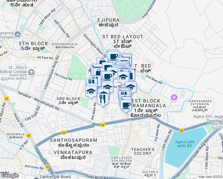 map of restaurants, bars, coffee shops, grocery stores, and more near 6th Cross Road in Bengaluru