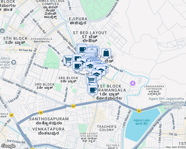 map of restaurants, bars, coffee shops, grocery stores, and more near 80 Feet Road in Bengaluru