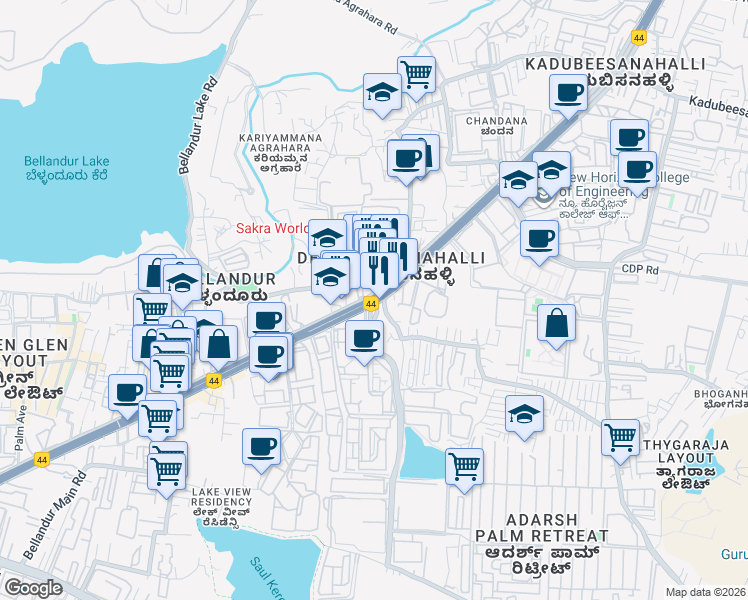 map of restaurants, bars, coffee shops, grocery stores, and more near in Bengaluru