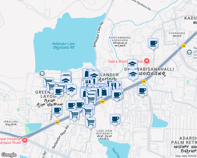 map of restaurants, bars, coffee shops, grocery stores, and more near Kariyammana Agrahara Road in Bengaluru