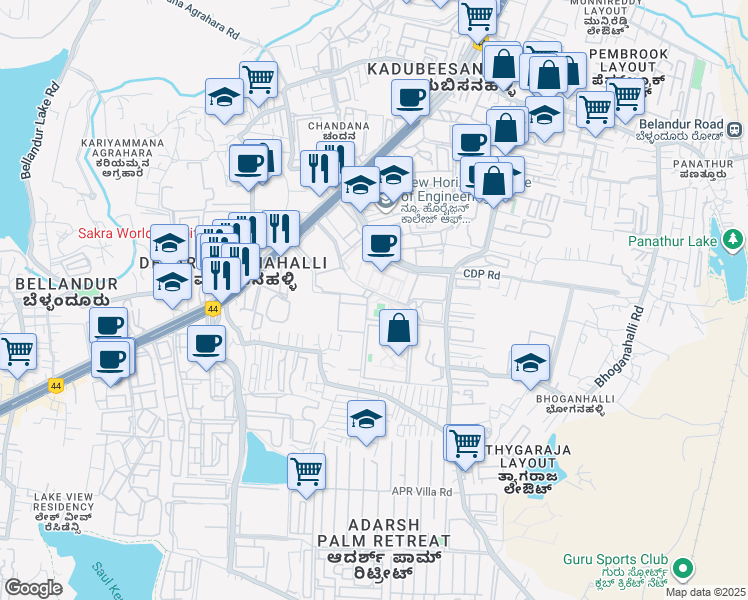map of restaurants, bars, coffee shops, grocery stores, and more near Outer Ring Road in Bengaluru