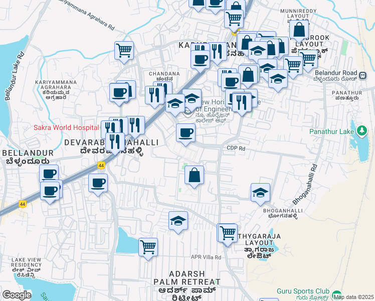 map of restaurants, bars, coffee shops, grocery stores, and more near 600 Outer Ring Road in Bengaluru