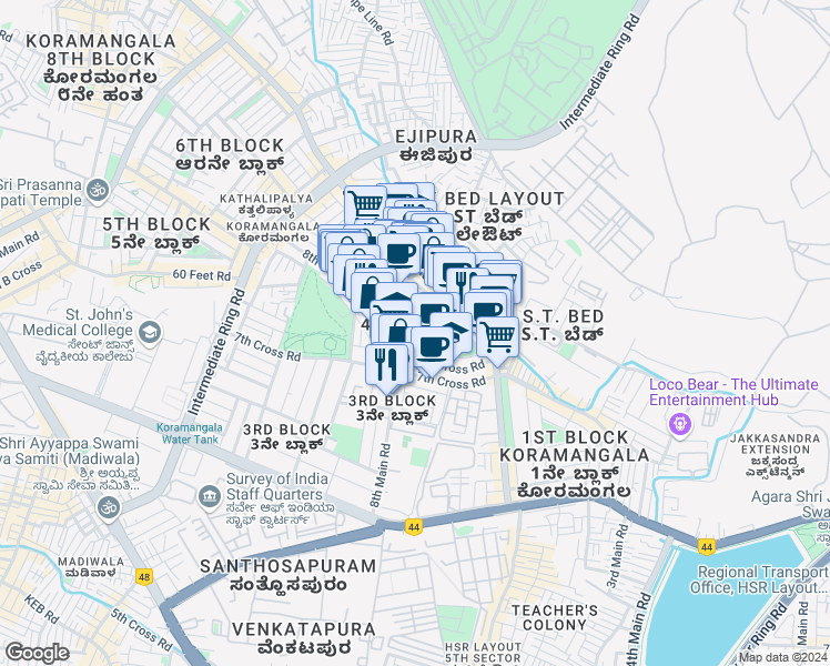 map of restaurants, bars, coffee shops, grocery stores, and more near in Bengaluru